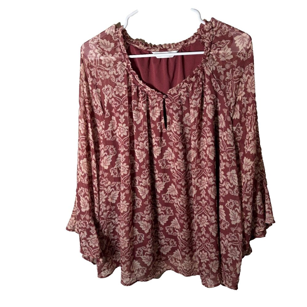 LC Lauren Conrad Blouse Women's 2X Red Floral Ruffle 3/4 Sleeve Sheer Shirt Top